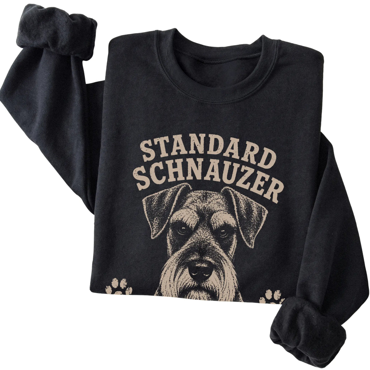 Black crewneck sweatshirt featuring Standard Schnauzer Serious Brows, Questionable Decisions, folded presentation