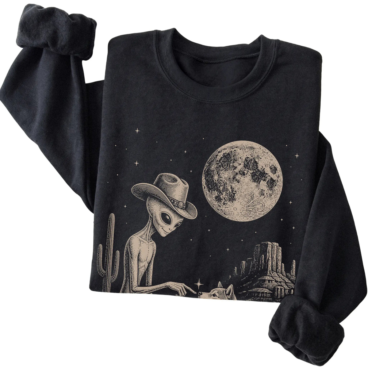 Black crewneck sweatshirt featuring Shiba Inu Cowboy and Alien, folded presentation