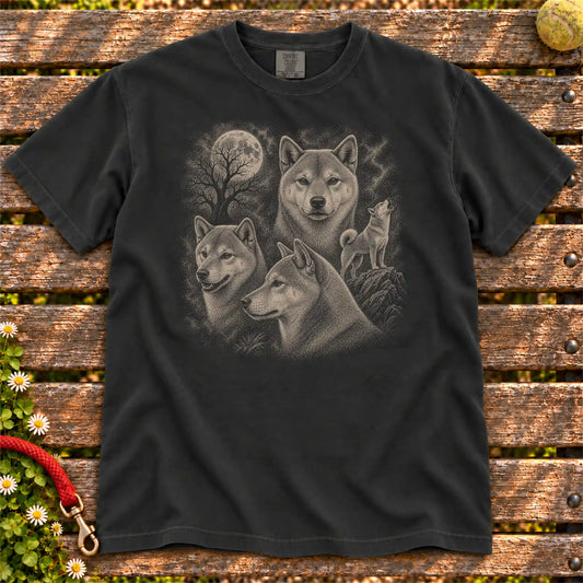 Shiba Inu 90s Moon design on a Black T-shirt shown flat