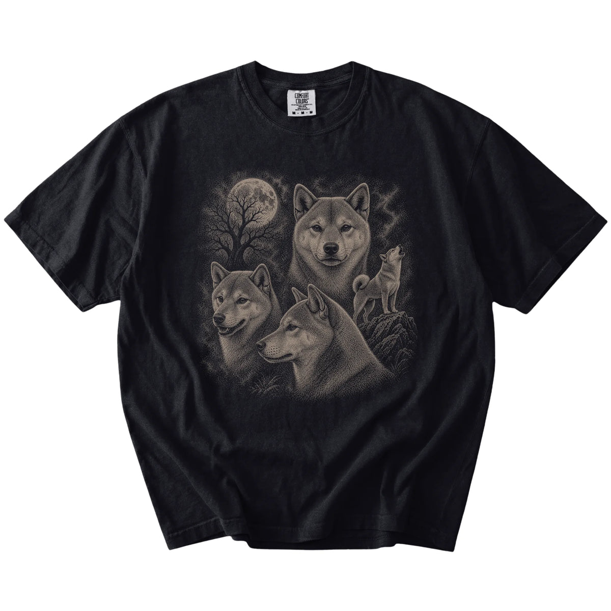 Vintage moon montage featuring Shiba Inu on a Black Comfort Colors® T-shirt