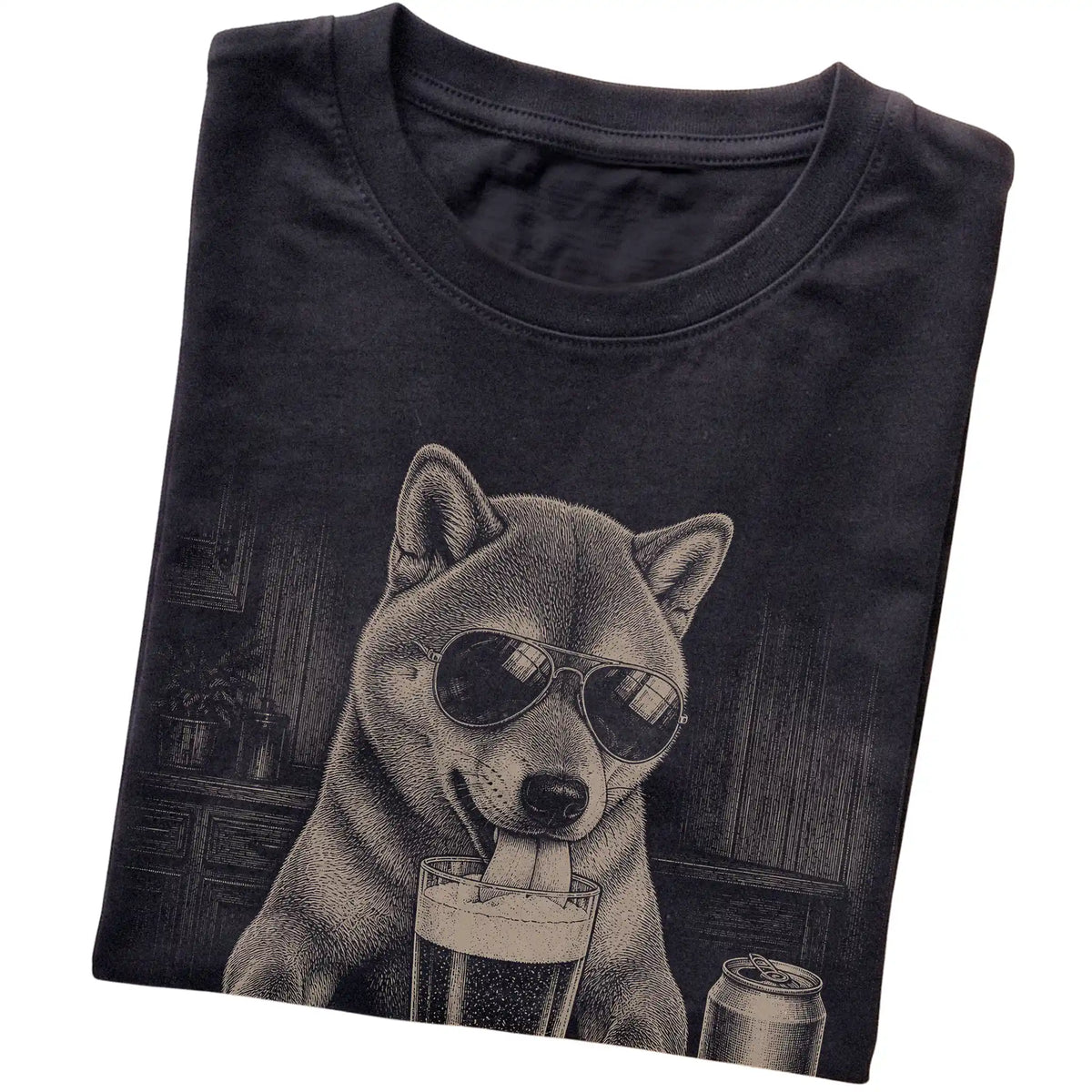 Black Shiba Inu drinking from a pint at a bar, folded detail view