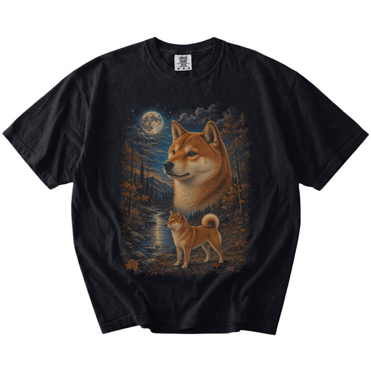 Shiba Inu in a moonlit fall forest scene on a Black Comfort Colors® t-shirt