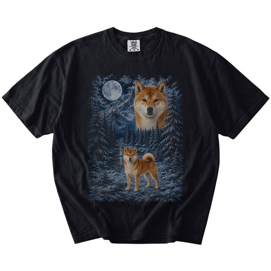 Shiba Inu in a snowy winter forest on a Black t-shirt