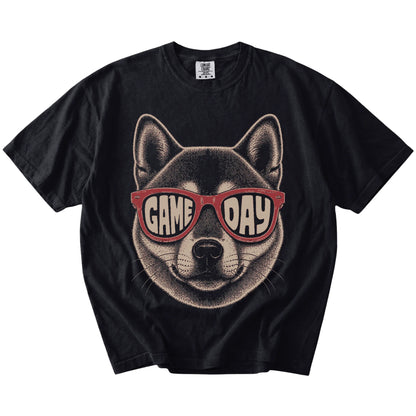 Shiba Inu wearing red Game Day sunglasses on a Black Comfort Colors® T-shirt