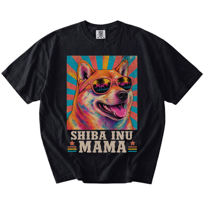 Retro Shiba Inu Mama design on a Black Comfort Colors T-shirt