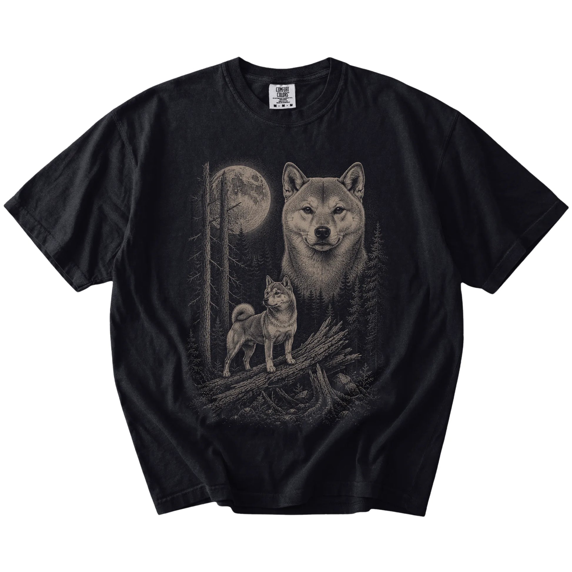 Black Shiba Inu Moonlit Forest T-Shirt laid flat