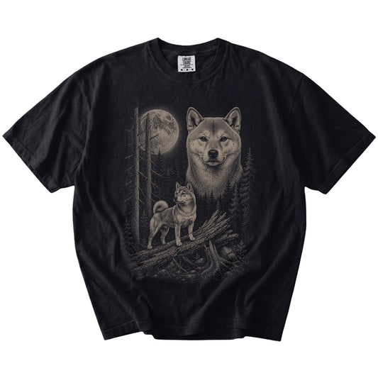 Black Shiba Inu Moonlit Forest T-Shirt laid flat