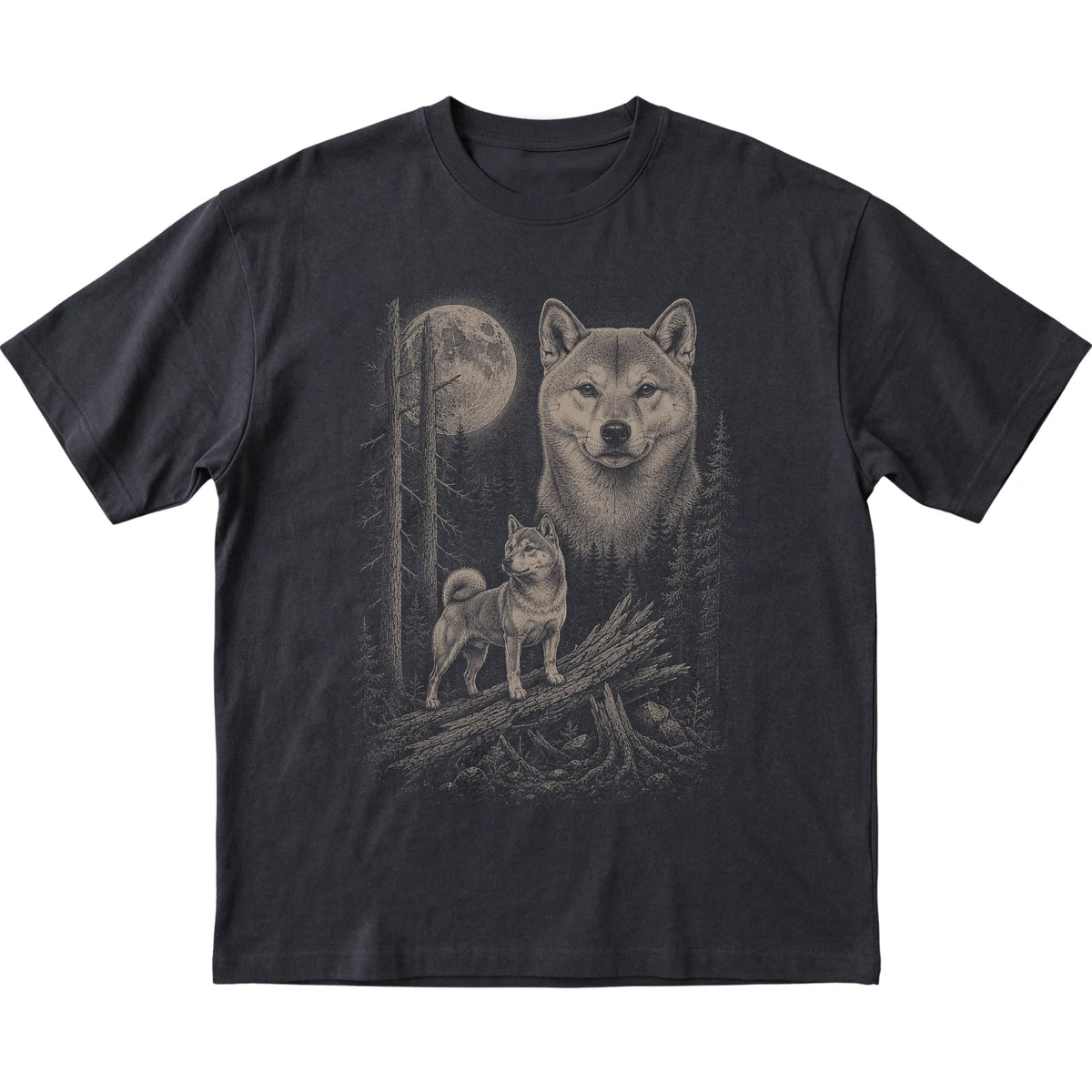 Shiba Inu Moonlit Forest graphic on a black Softstyle T-shirt laid flat
