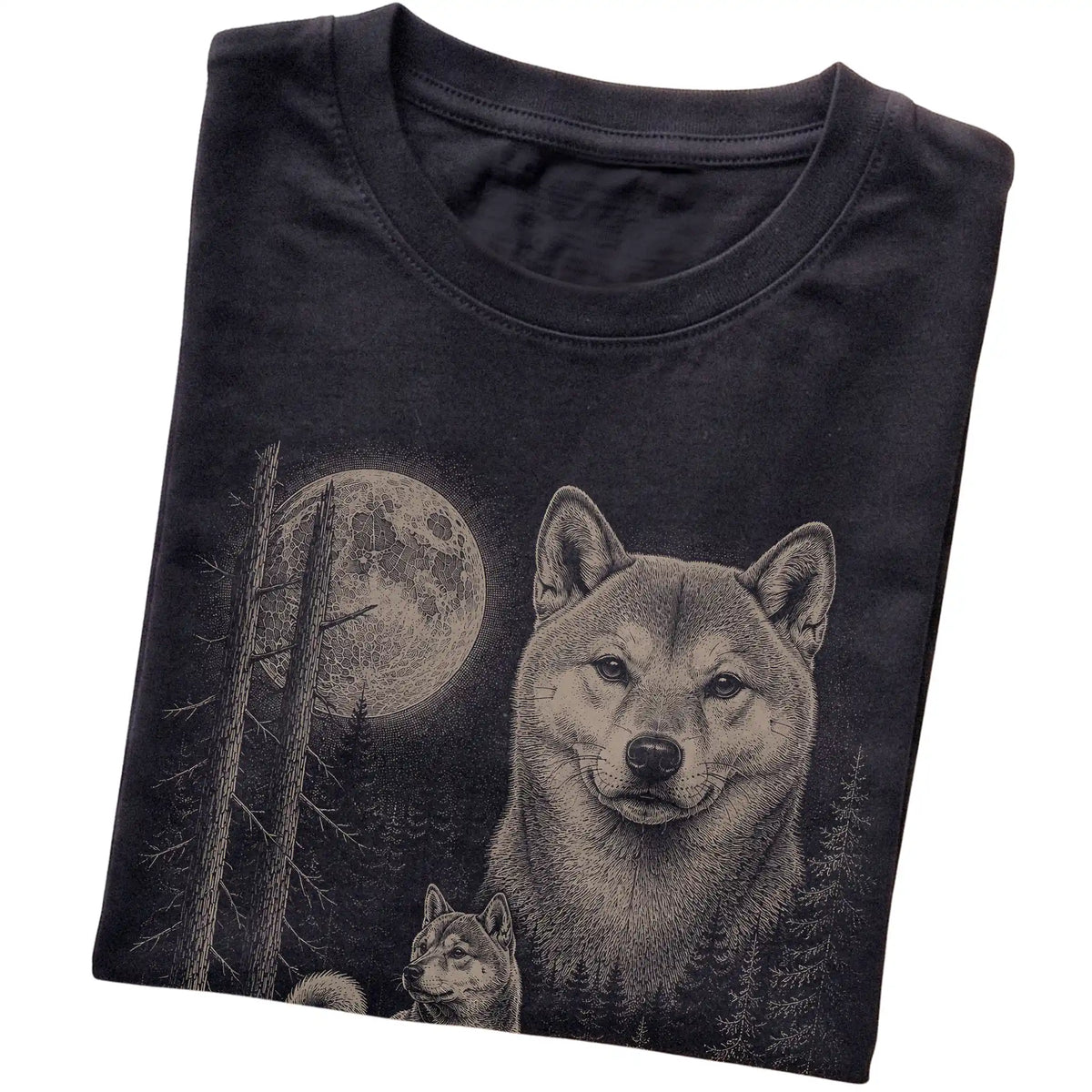 Folded black Softstyle T-shirt showing the Shiba Inu Moonlit Forest graphic