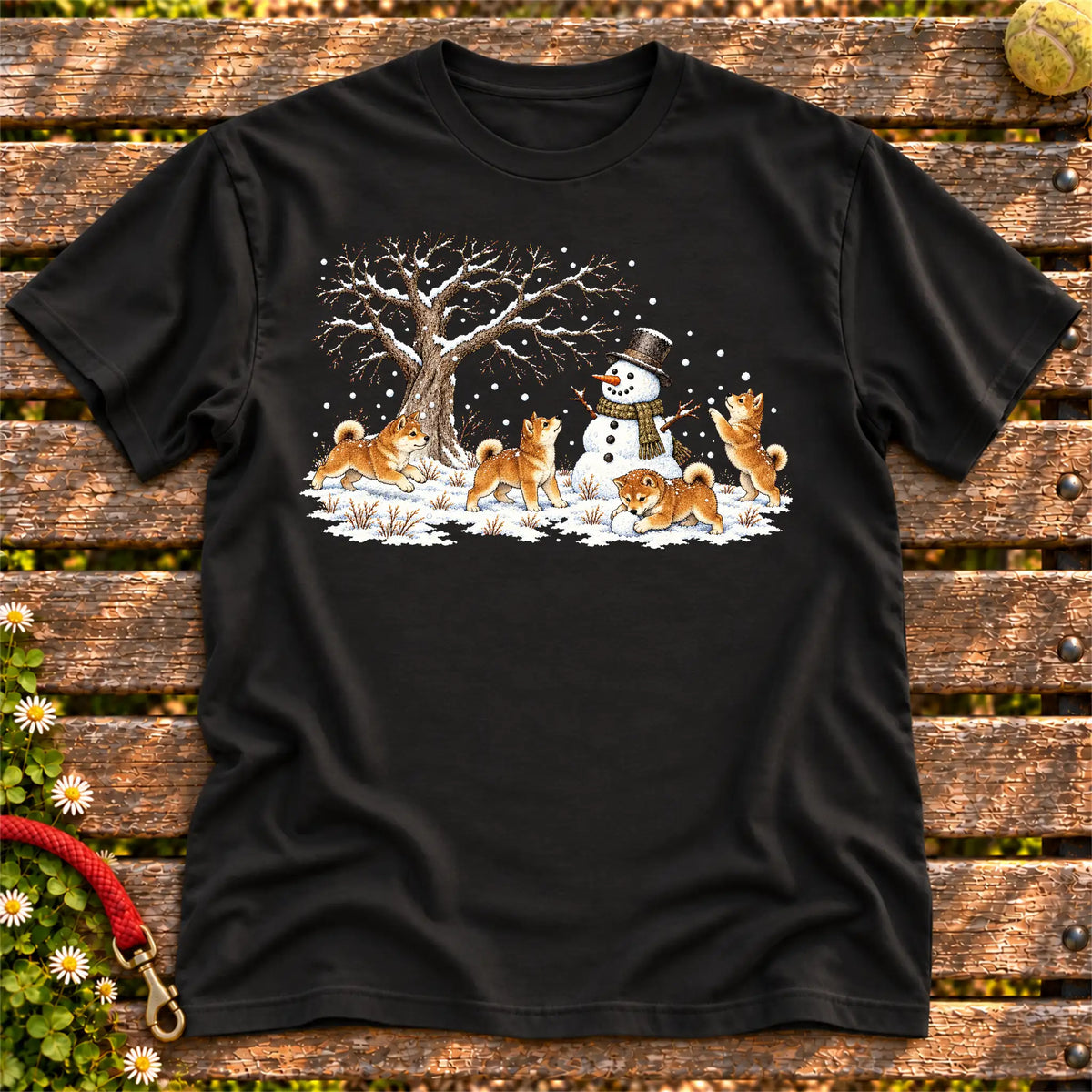 Shiba Inu puppies playing in snow with a snowman on a Black T-shirt