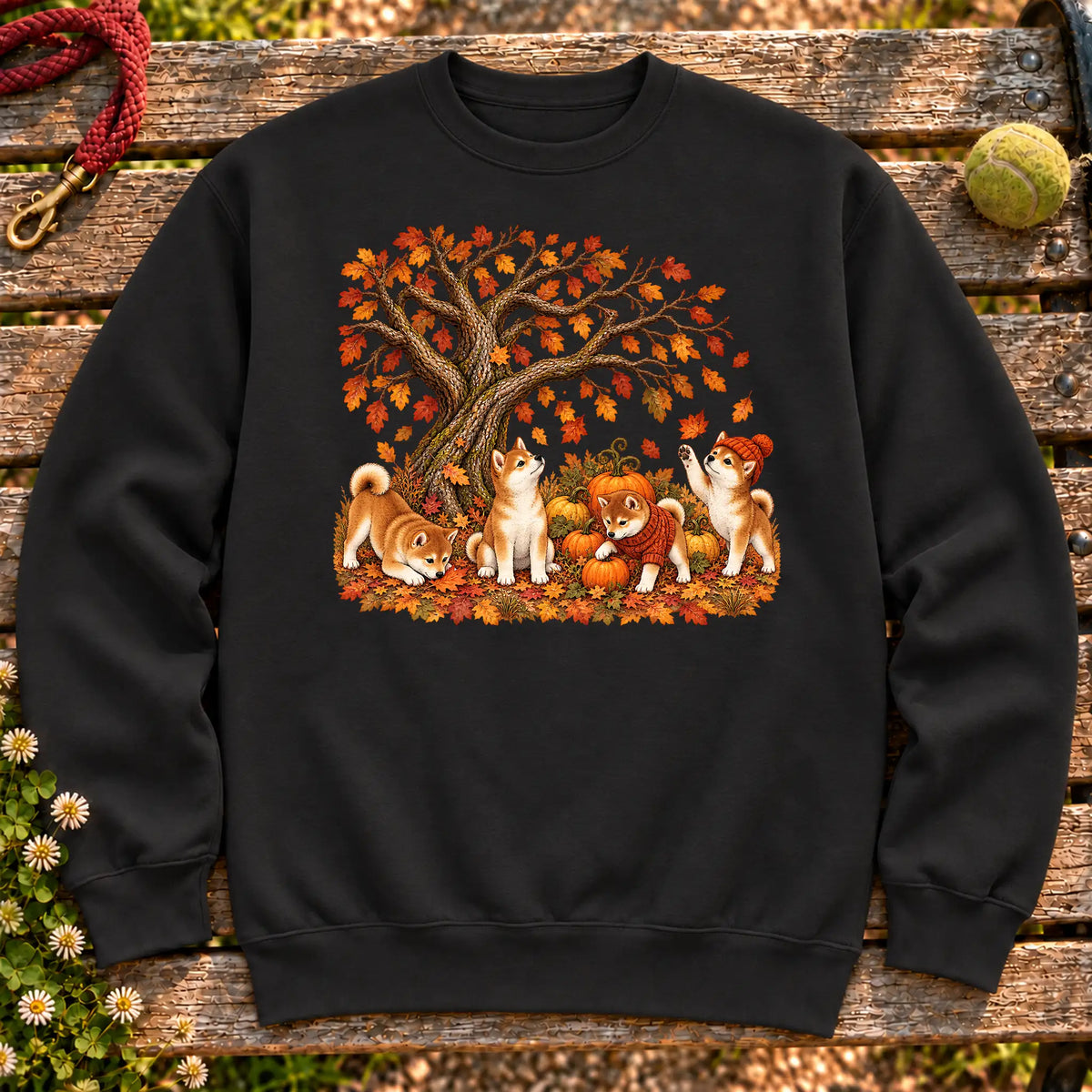 Four Shiba Inu puppies with pumpkins beneath an autumn tree on a Black crewneck sweatshirt