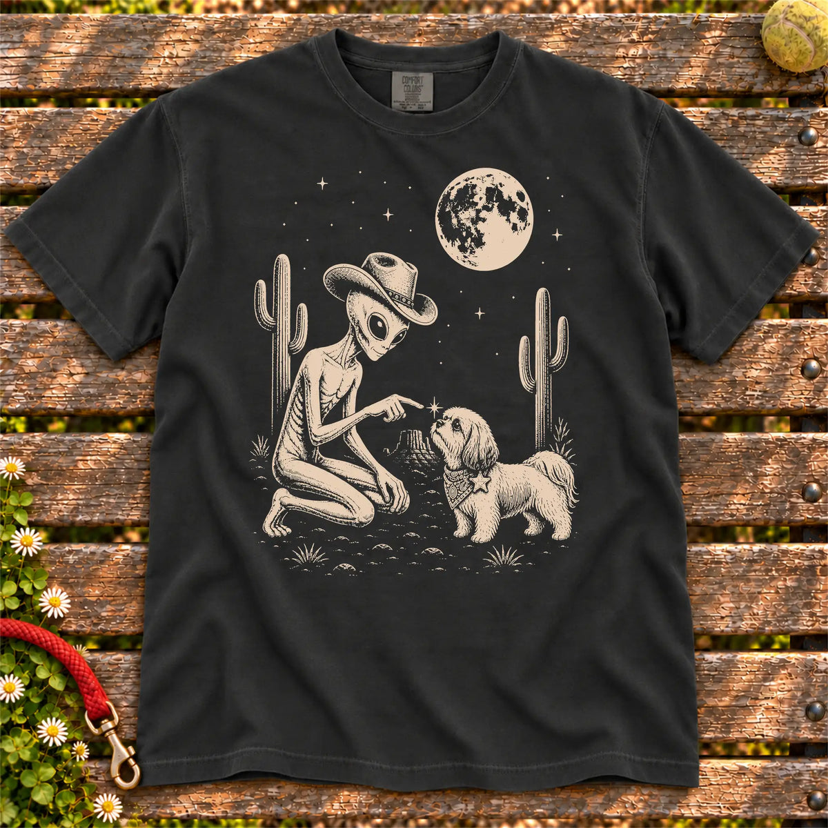 Shih Tzu Cowboy and Alien on a Black T-shirt, shown flat