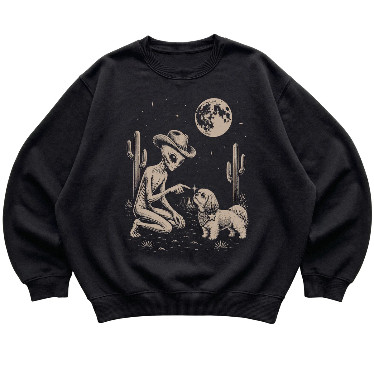 Black crewneck sweatshirt featuring Shih Tzu Cowboy and Alien, laid-flat presentation