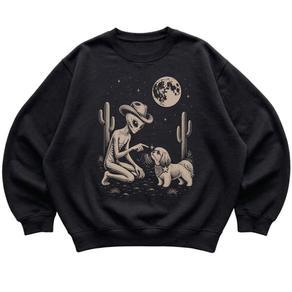 Black crewneck sweatshirt featuring Shih Tzu Cowboy and Alien, laid-flat presentation