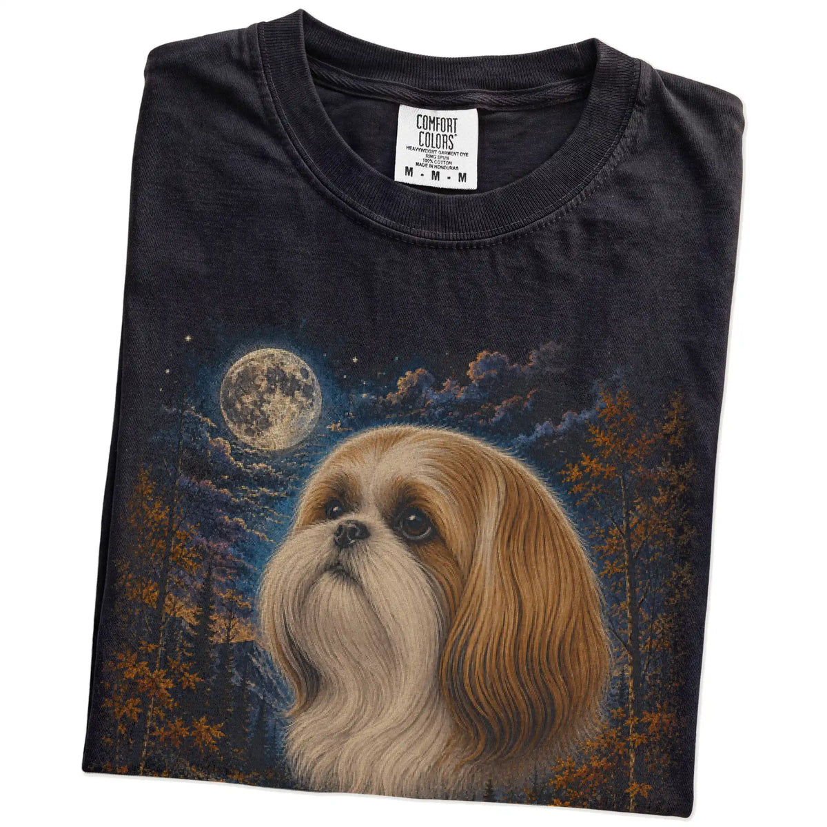 Folded black T-shirt with Shih Tzu Autumn Moon artwork.