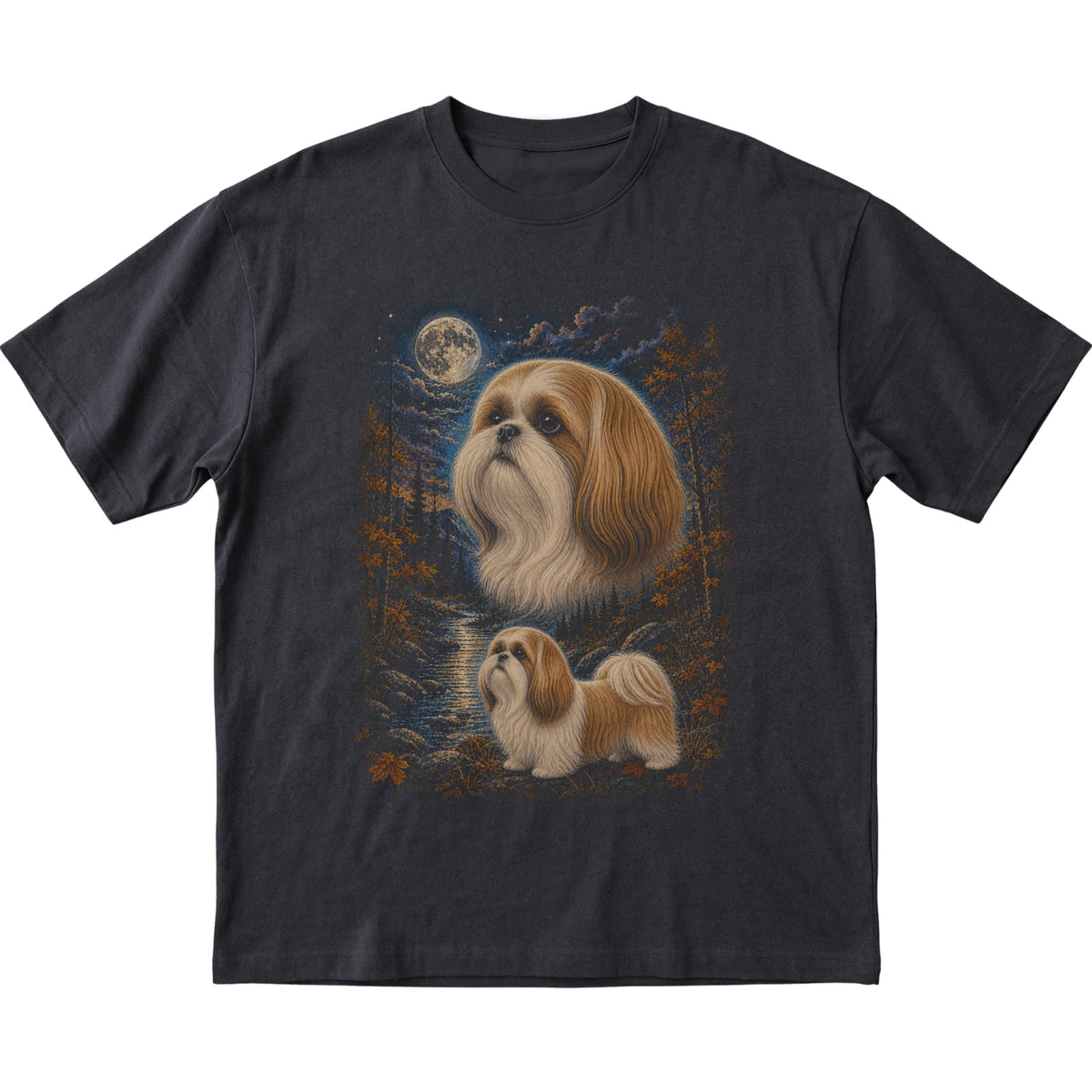 black T-shirt with Shih Tzu Autumn Moon artwork.