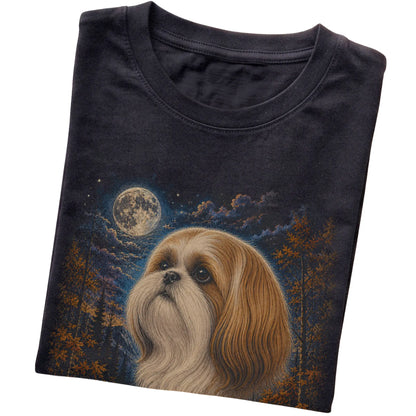 Folded black T-shirt with Shih Tzu Autumn Moon artwork.