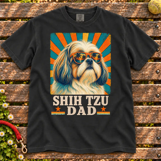 Shih Tzu Dad Retro design on a Black Comfort Colors T-shirt, shown flat