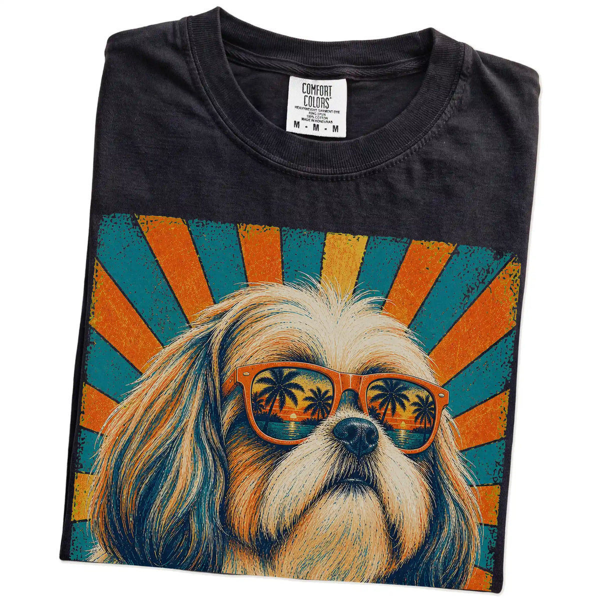 Retro Shih Tzu Dad design on a Black Comfort Colors T-shirt folded detail
