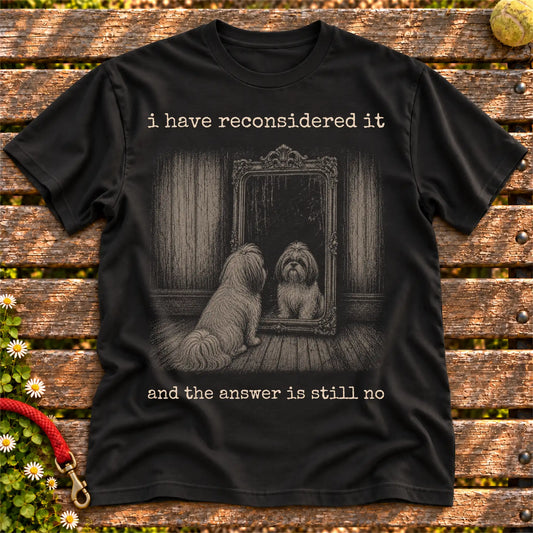 Shih Tzu The Answer Is Still No on a Black T-shirt, shown flat