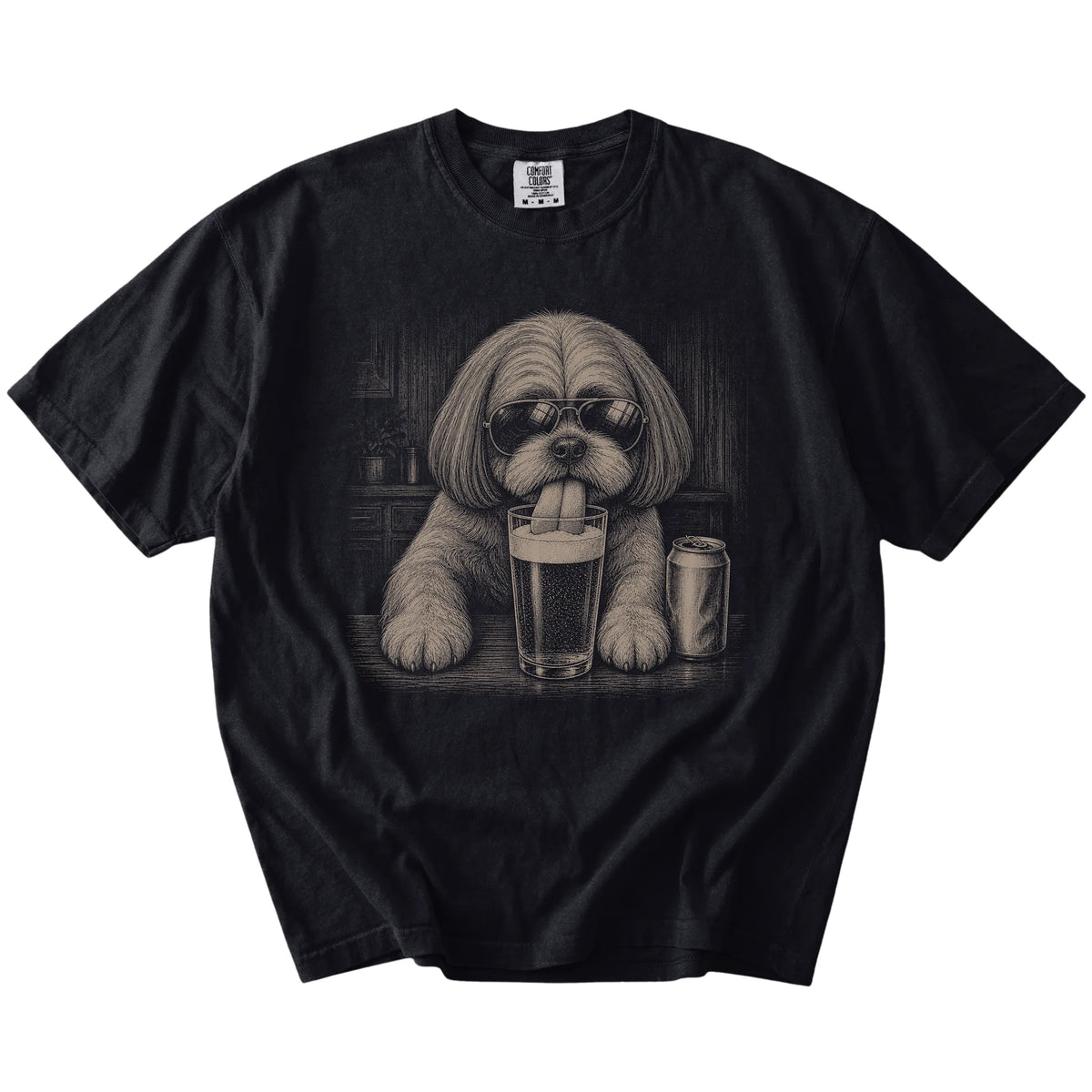 Shih Tzu sneaking a drink from a foamy pint at home on a Black Comfort Colors® t-shirt