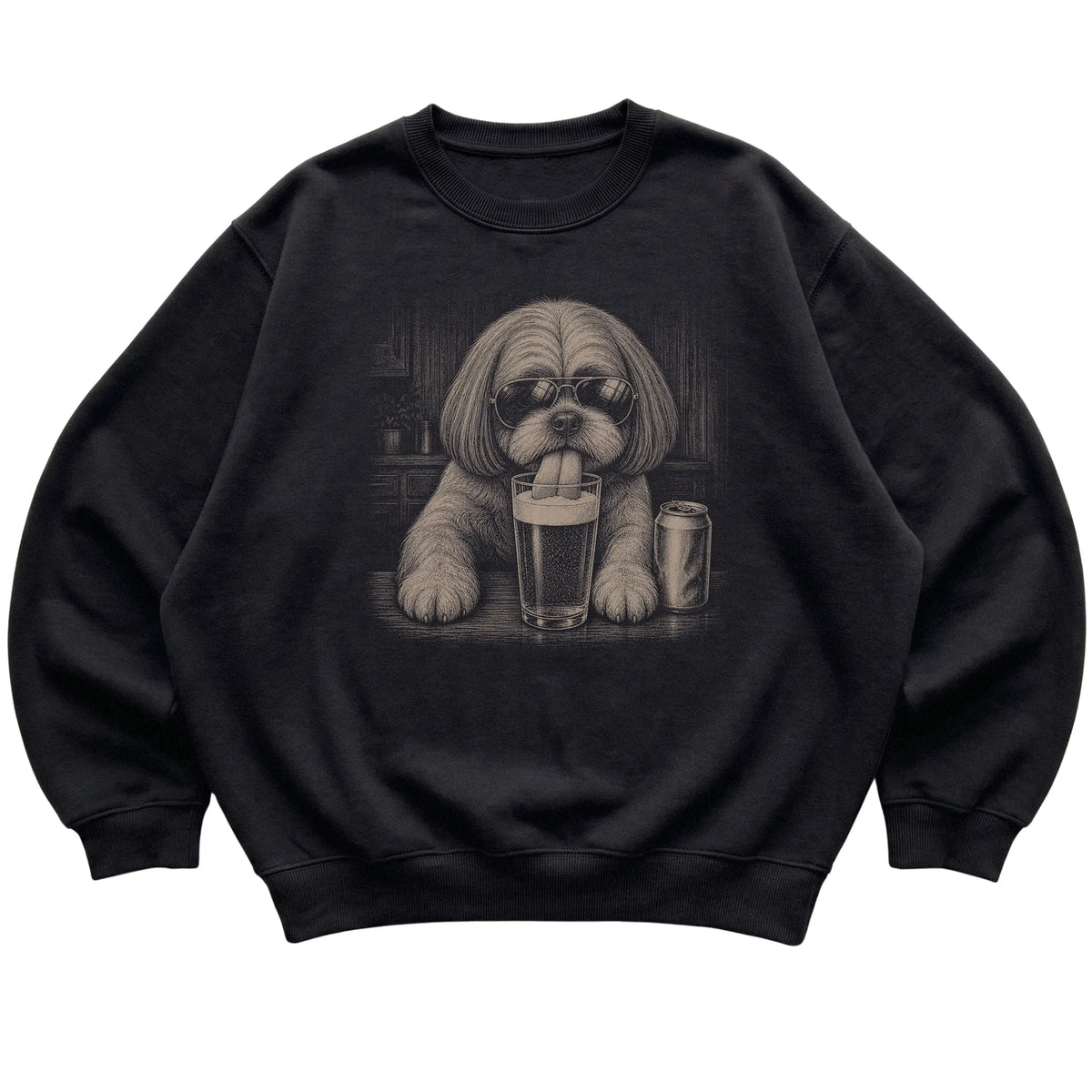 Black Shih Tzu drinking from a pint at a bar, laid flat