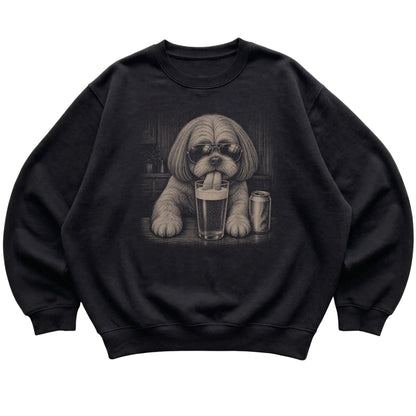 Black Shih Tzu drinking from a pint at a bar, laid flat