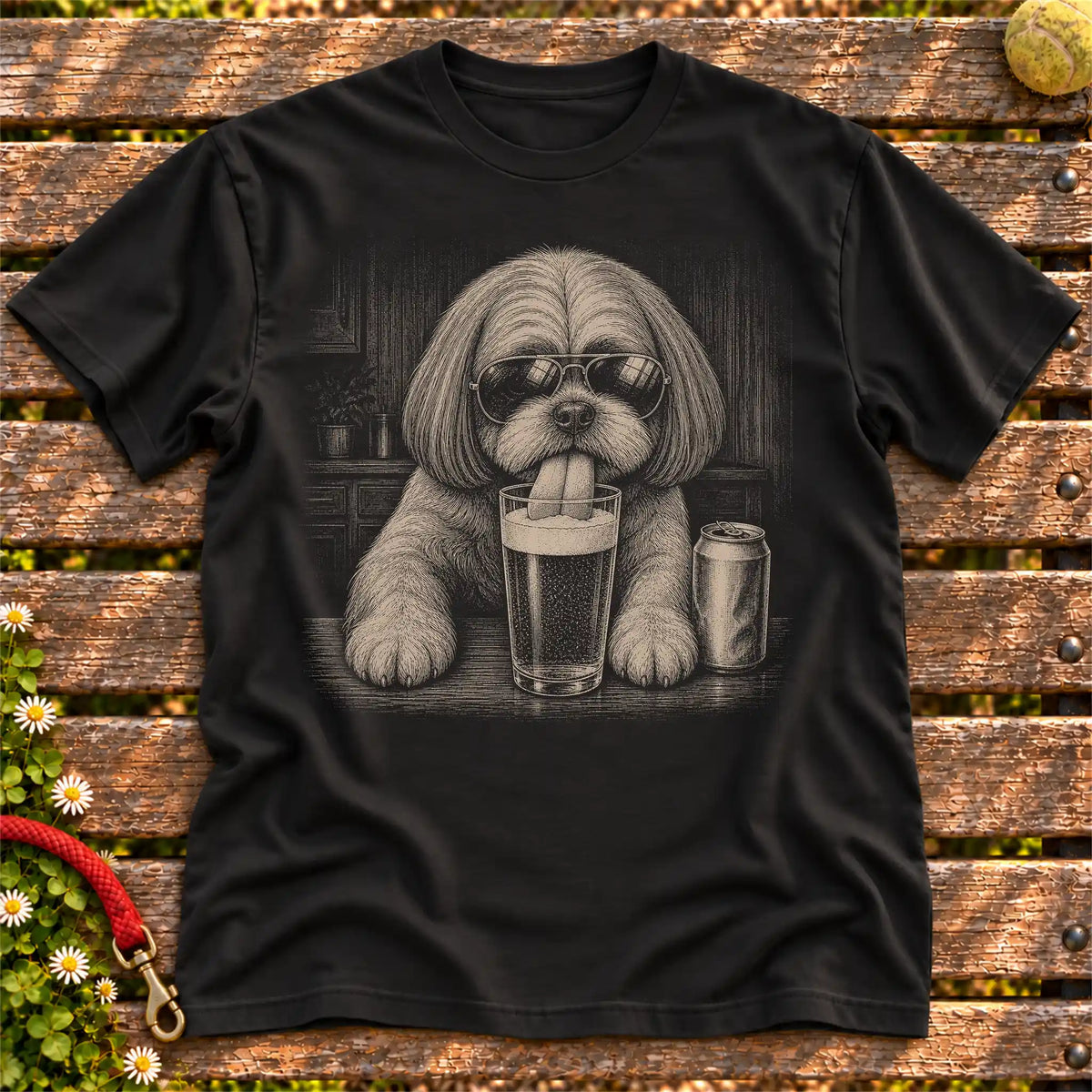 Shih Tzu Drinking Beer on a Black T-shirt, shown flat
