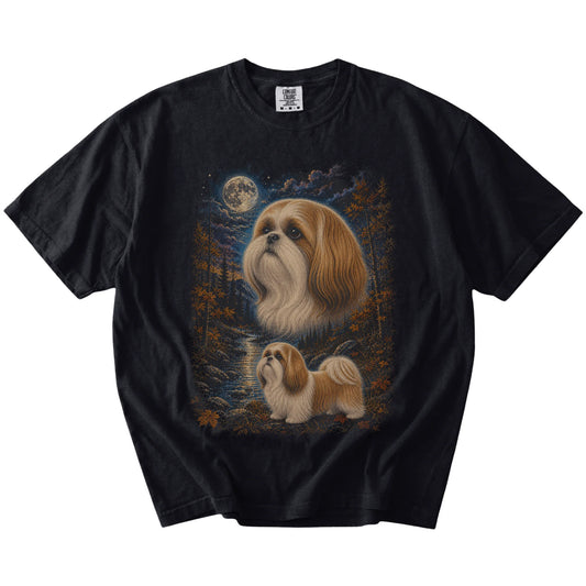 Shih Tzu in a moonlit fall forest scene on a Black Comfort Colors® t-shirt