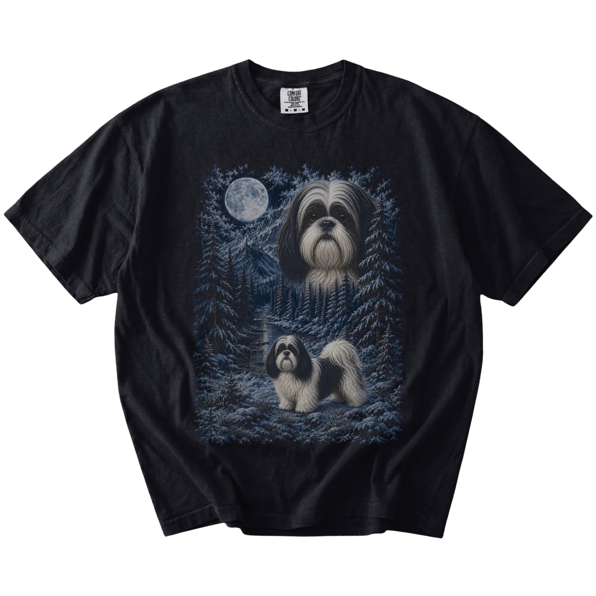 Shih Tzu in a snowy winter forest on a Black t-shirt