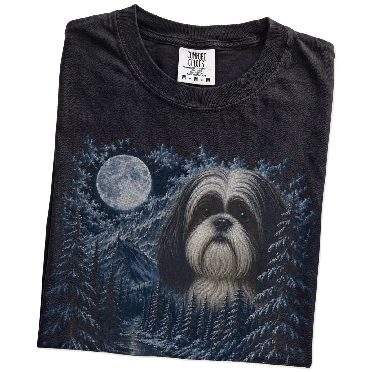 Folded Black Shih Tzu winter forest t-shirt