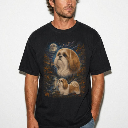 Model wearing a Black Comfort Colors® t-shirt featuring Shih Tzu in a moonlit fall forest