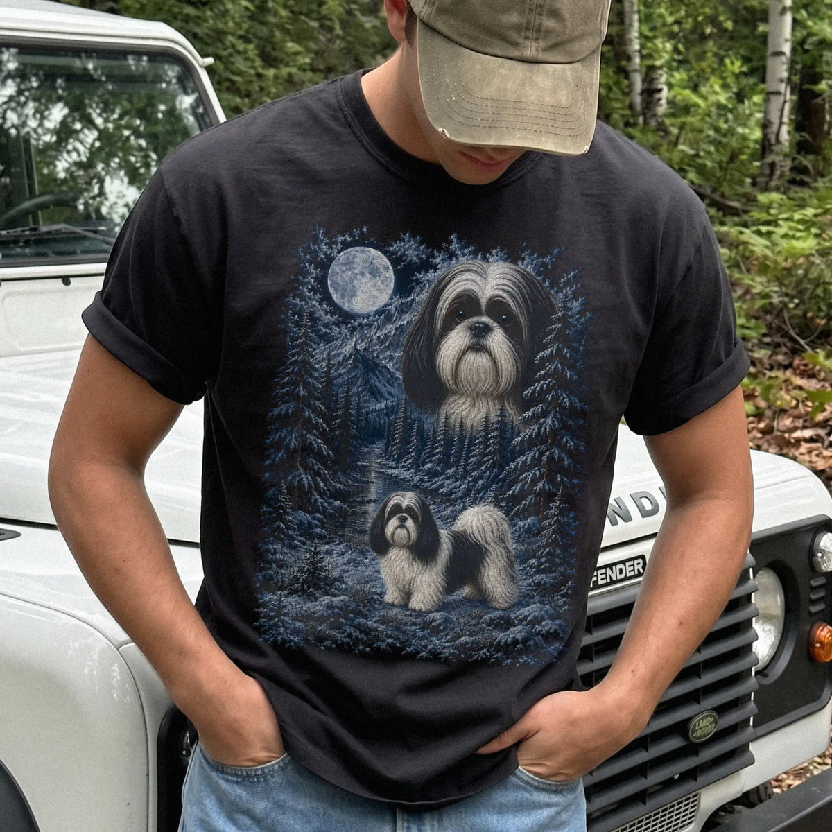 Person wearing a Black Shih Tzu winter forest t-shirt
