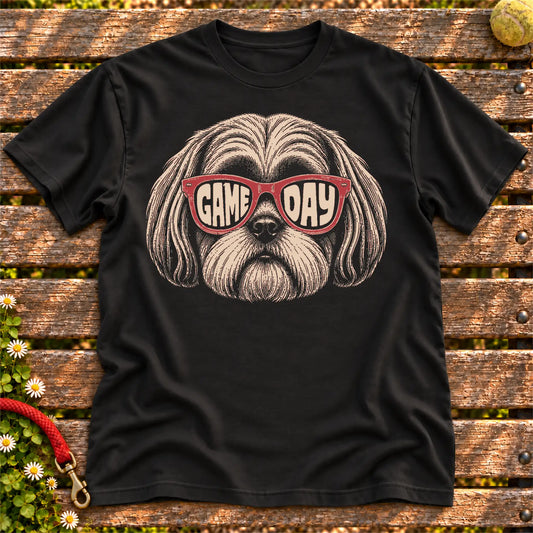 Shih Tzu Game Day Sunglasses on a Black T-shirt, shown flat
