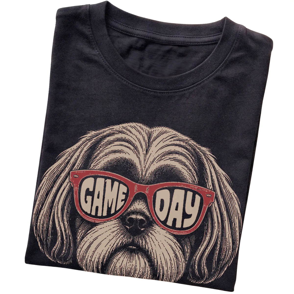 Shih Tzu Game Day design on a Black t-shirt, folded view