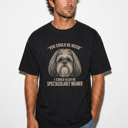 Shih Tzu Guard Dog T-Shirt in Black worn in a studio setting