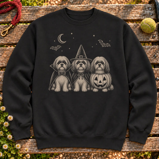 Shih Tzu Halloween Costume on a Black crewneck sweatshirt, shown flat