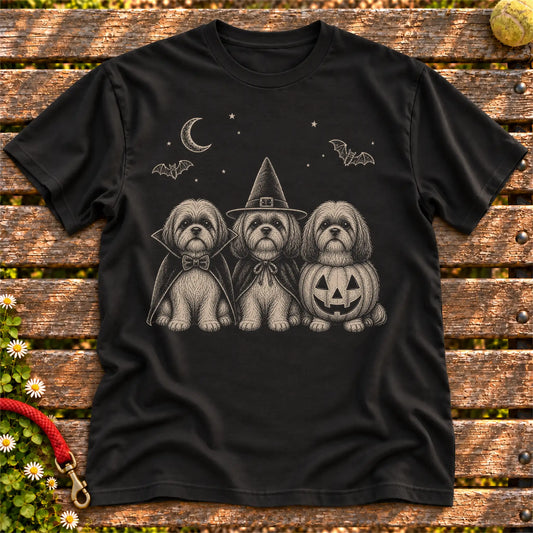 Shih Tzu Halloween Costume on a Black T-shirt, shown flat