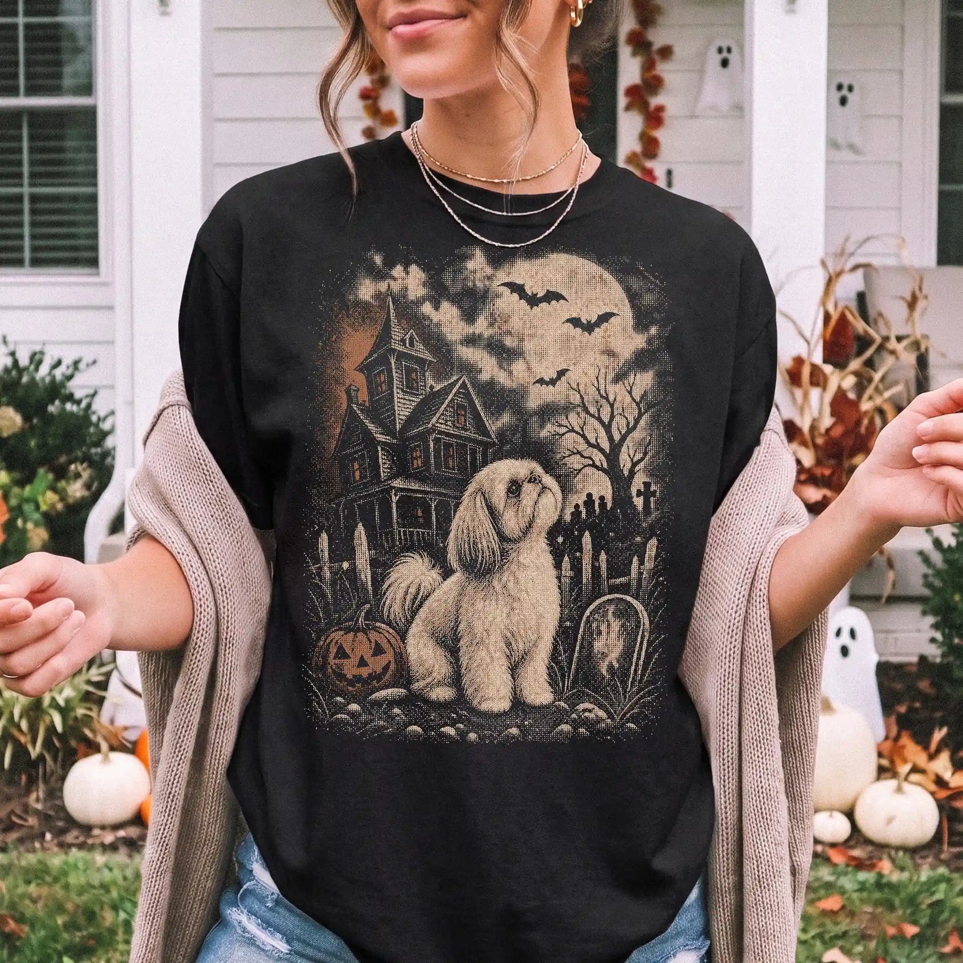 Model wearing a Black Comfort Colors® T-shirt showing Shih Tzu in a vintage haunted-house scene