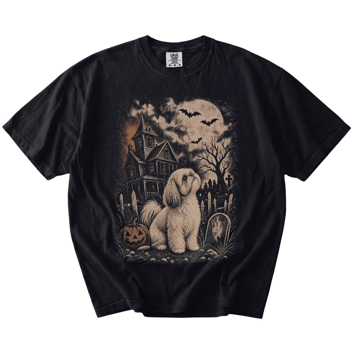 Shih Tzu in a vintage haunted-house scene on a Black Comfort Colors® T-shirt