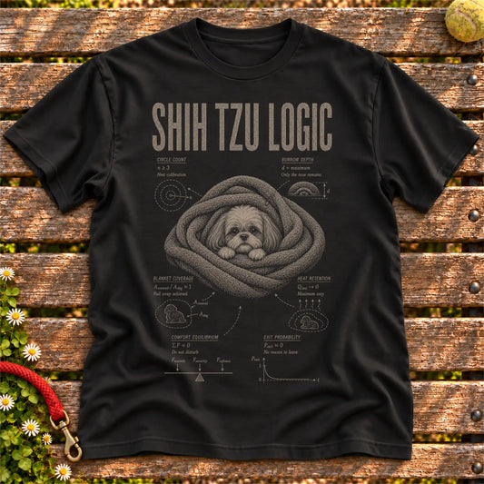Shih Tzu Logic on a Black T-shirt, shown flat