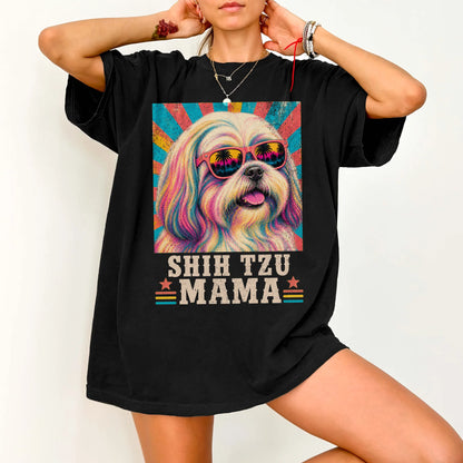 Retro Shih Tzu Mama design on a Black Comfort Colors T-shirt worn by a model