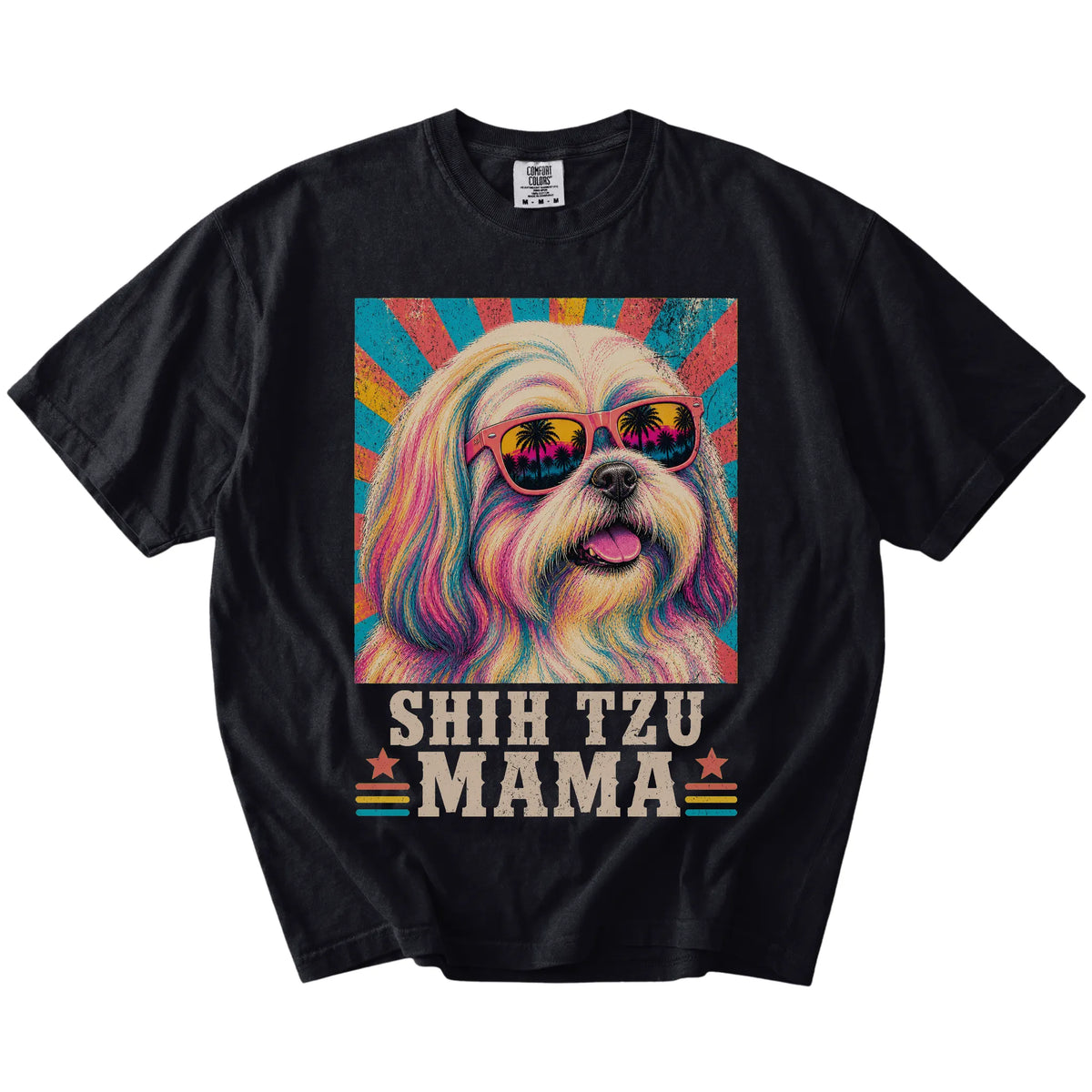 Retro Shih Tzu Mama design on a Black Comfort Colors T-shirt
