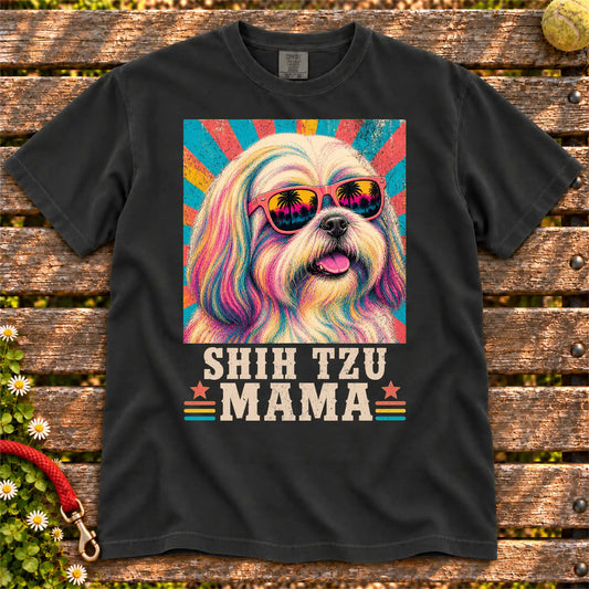 Shih Tzu Mama Retro design on a Black Comfort Colors T-shirt, shown flat