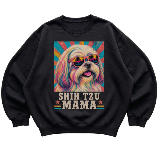 Retro Shih Tzu Mama design on a Black crewneck sweatshirt