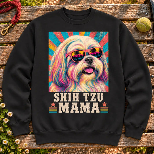 Shih Tzu Mama on a Black crewneck sweatshirt, shown flat