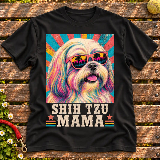 Shih Tzu Mama on a Black T-shirt, shown flat