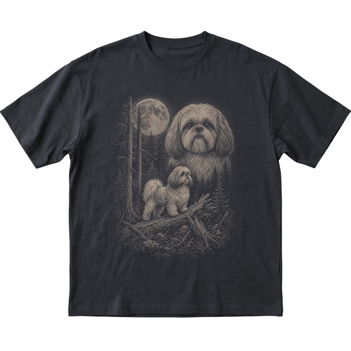 Shih Tzu Moonlit Forest graphic on a black Softstyle T-shirt laid flat