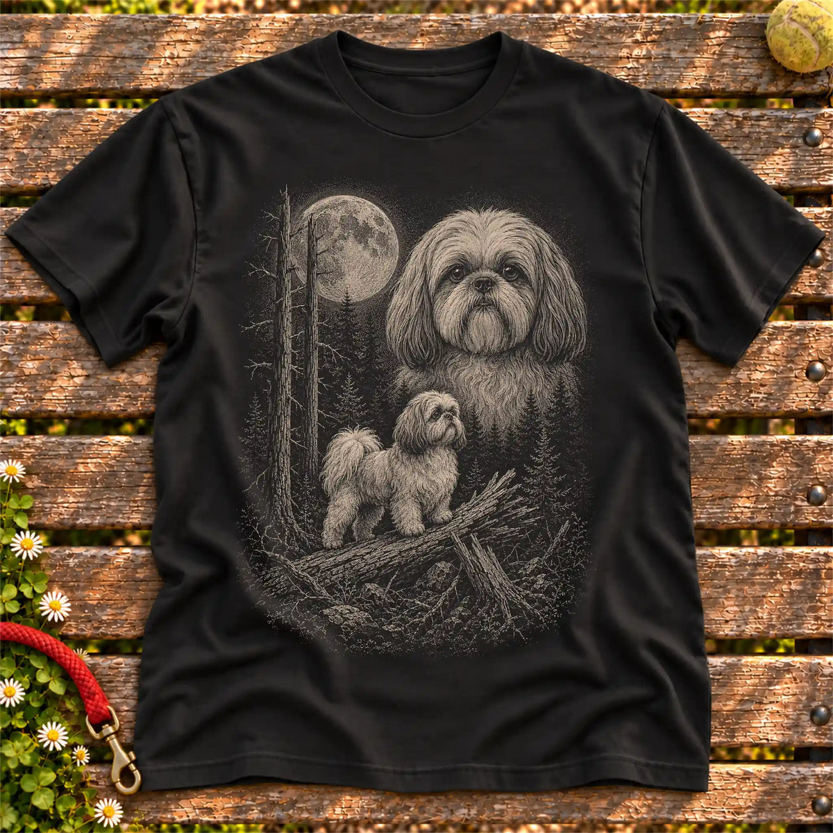 Shih Tzu Moonlit Forest design on a Black T-shirt shown flat