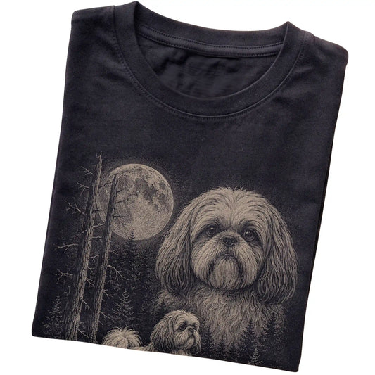 Folded black Softstyle T-shirt showing the Shih Tzu Moonlit Forest graphic